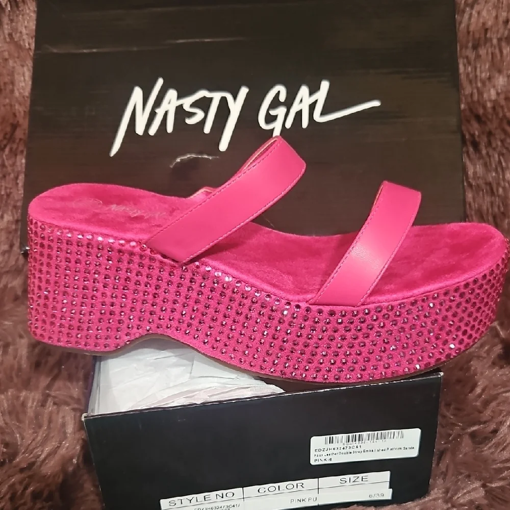 Nasty Gal Pink Platform Slide Sandals with Rhinestone Detail
